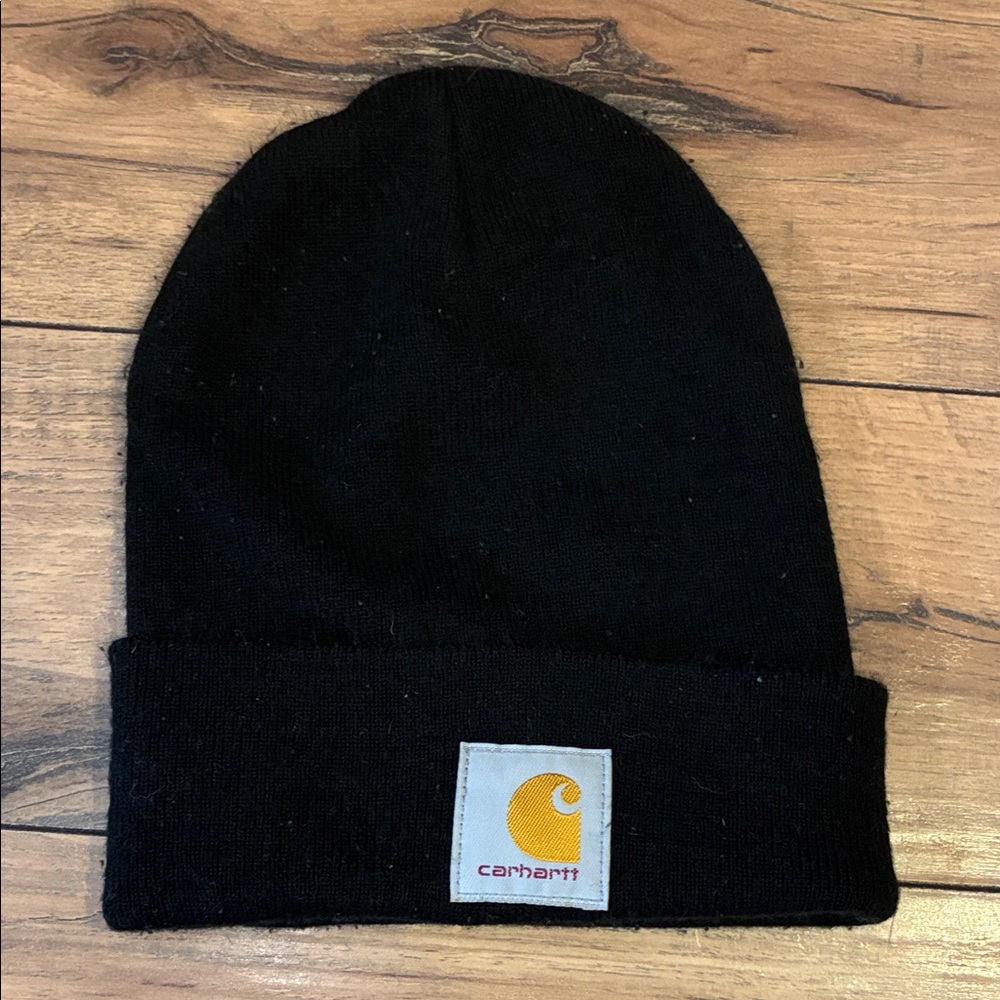 Carhartt Black Knit Cuffed Beanie with Yellow Logo Patch